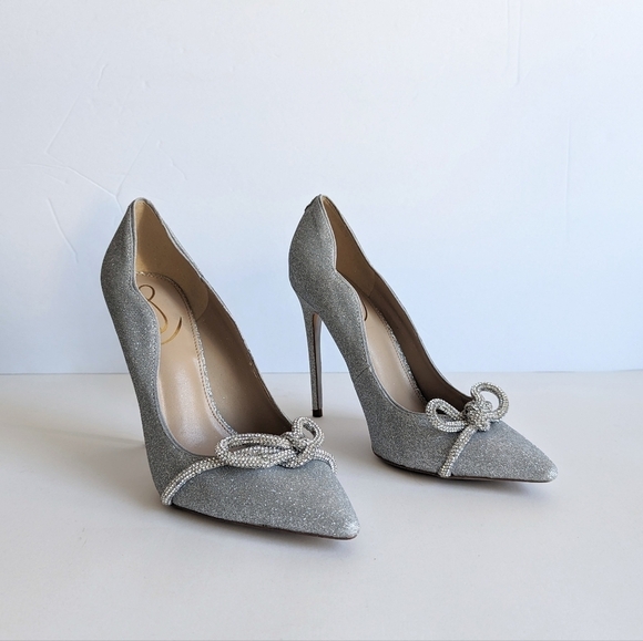 Sam Edelman Deela Pointed Toe Mesh Bow Stiletto Heel Scallop Upper Glitter sz 10 - Picture 3 of 13